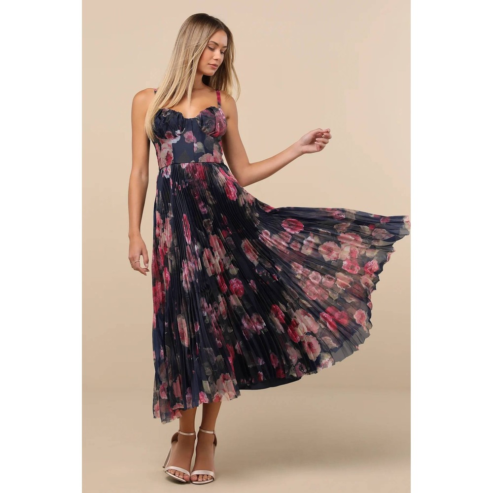 Lulu's Navy Floral Pleated Midi Dress with Pink Blooms